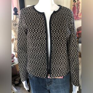 Women's Vintage ESPRIT Navy Blue and Cream Coloured Patterned Jacket
Size L